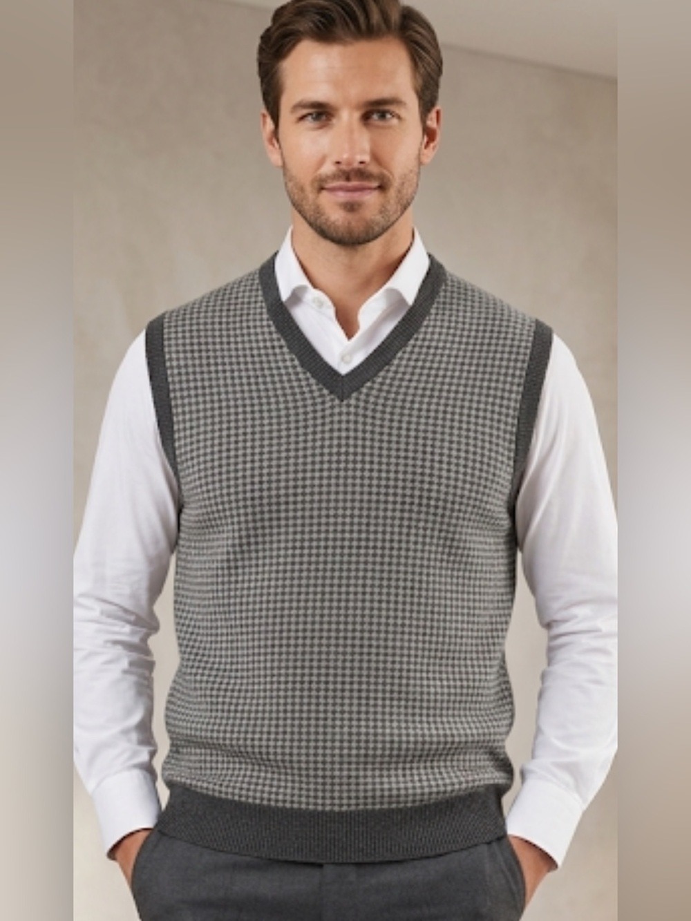 Franco D’Anti Made in Italy Gray Houndstooth Sweater Vest Wool V-Neck Sz XL